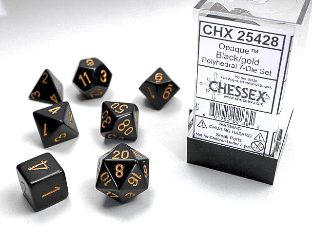 CHX25428 Opaque Black/Gold Polyhedral 7-Dice Set | GrognardGamesBatavia