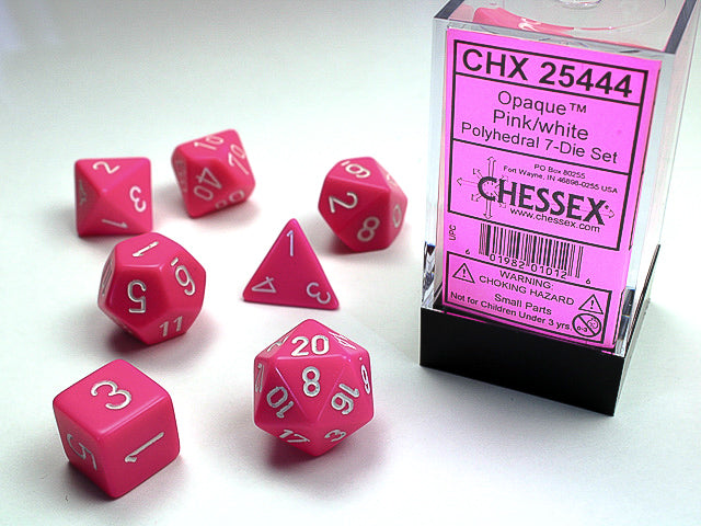 CHX25444 Opaque Pink/White Polyhedral 7-Dice Set | GrognardGamesBatavia