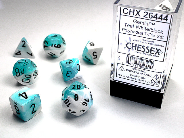 CHX26444 Gemini Teal-White/Black Polyhedral 7-Dice Set | GrognardGamesBatavia