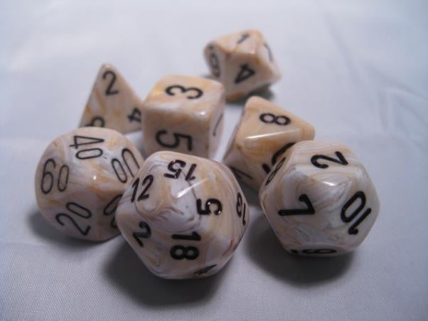 CHX27402 Marble Ivory/Black Polyhedral 7-Dice Set | GrognardGamesBatavia