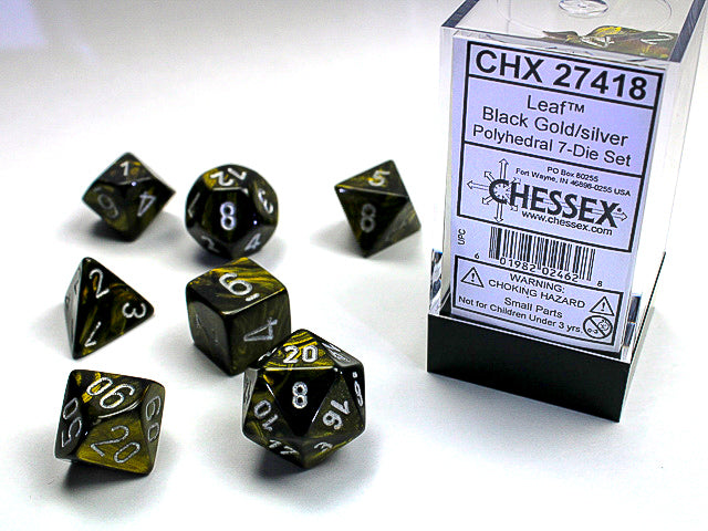 CHX27418 Leaf Black Gold/Silver Polyhedral 7-Dice Set | GrognardGamesBatavia