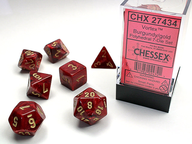 CHX27434 Vortex Burgundy/Gold Polyhedral 7-Dice Set | GrognardGamesBatavia