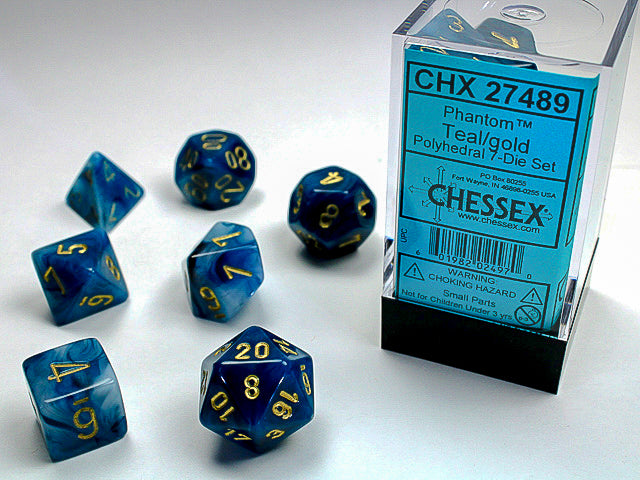 CHX27489 Phantom Teal/Gold Polyhedral 7-Dice Set | GrognardGamesBatavia