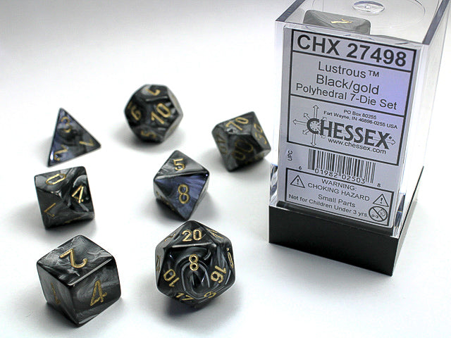 CHX27498 Lustrous Black/Gold Polyhedral 7-Dice Set | GrognardGamesBatavia