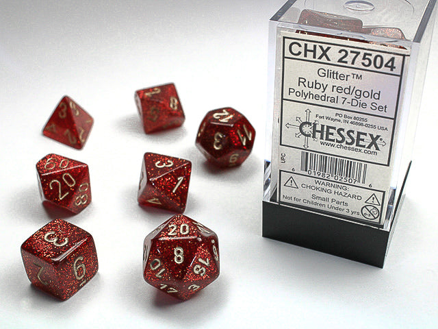 CHX27504 Glitter Ruby Red/Gold Polyhedral 7-Dice Set | GrognardGamesBatavia