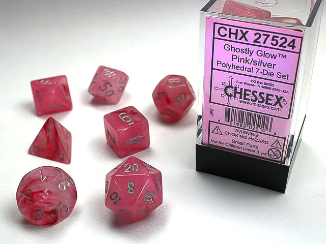 CHX27524 Ghostly Glow Pink/Silver Polyhedral 7-Dice Set | GrognardGamesBatavia