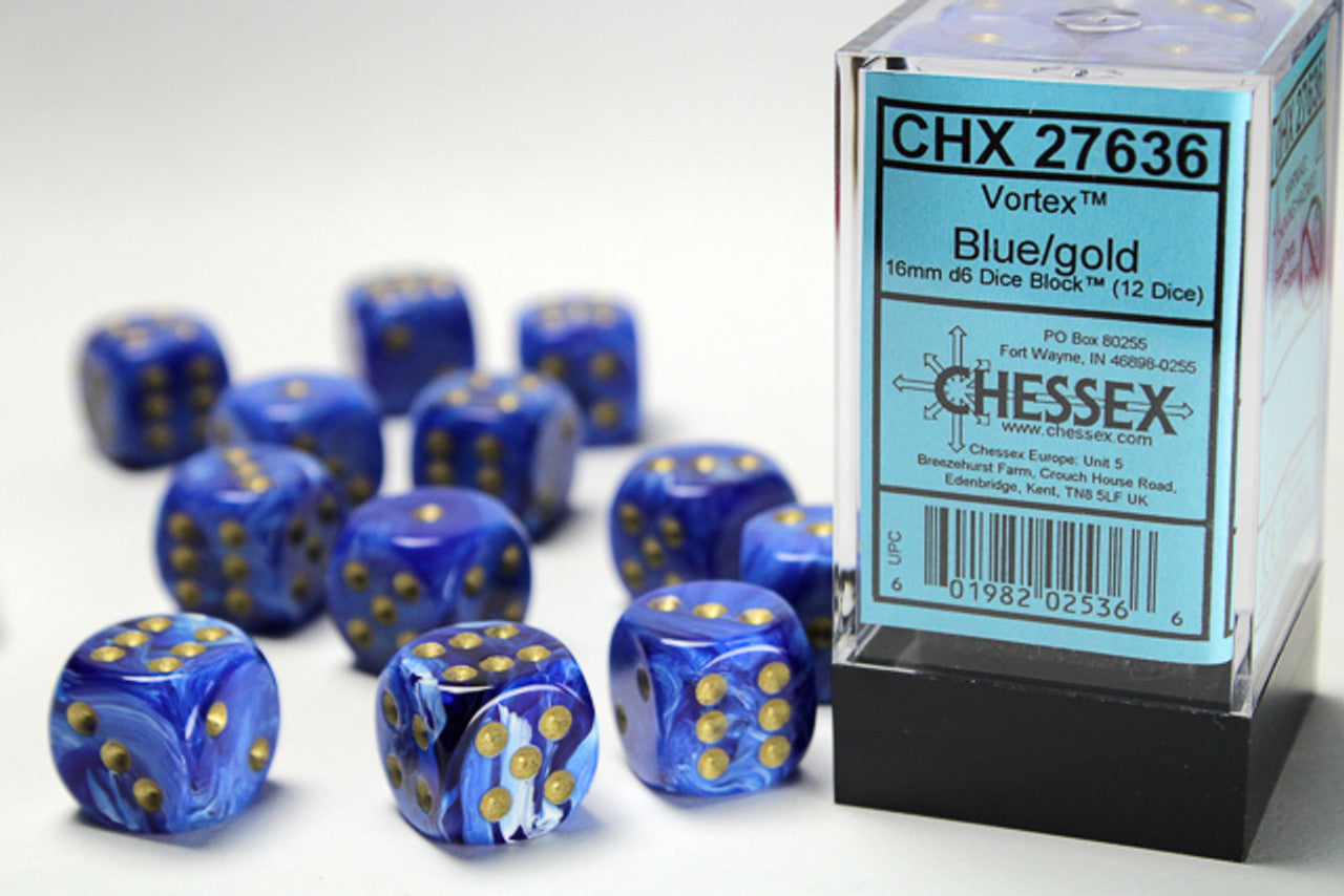 CHX27636 Vortex Blue/Gold 16mm d6 Dice Block | GrognardGamesBatavia
