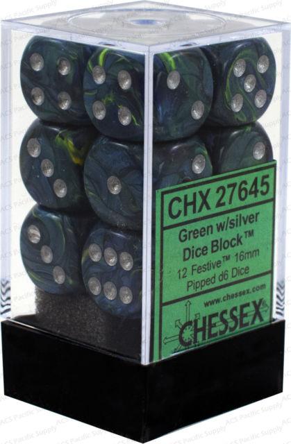 CHX27645 Festive Green with Silver - Set of 12 D6 | GrognardGamesBatavia