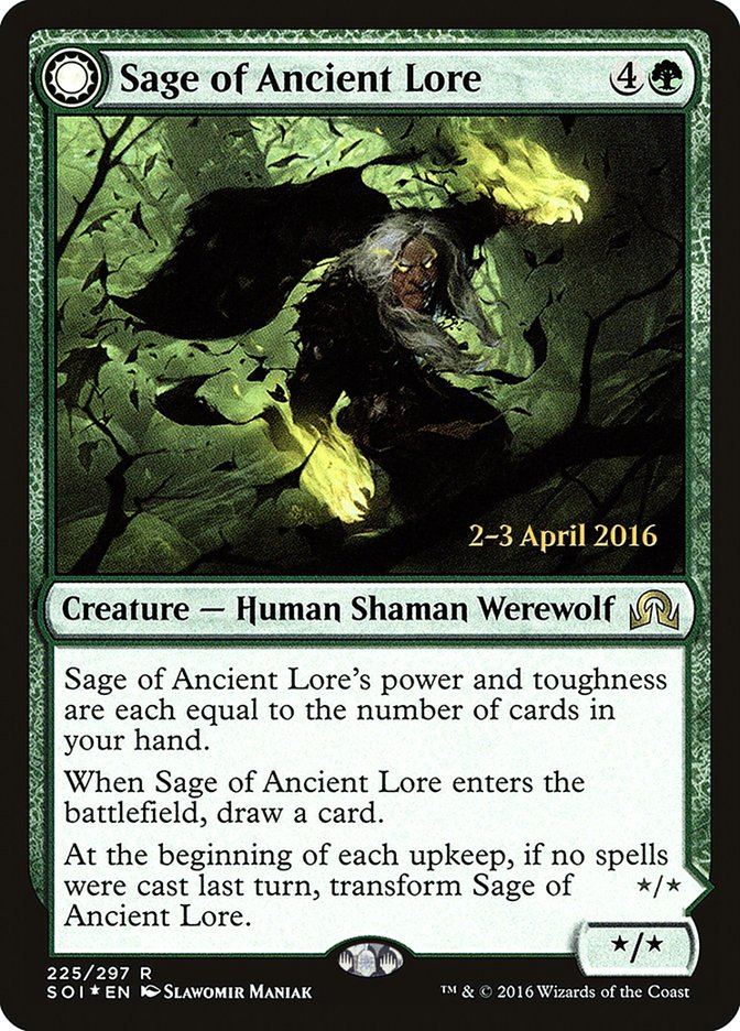 Sage of Ancient Lore // Werewolf of Ancient Hunger [Shadows over Innistrad Prerelease Promos] | GrognardGamesBatavia