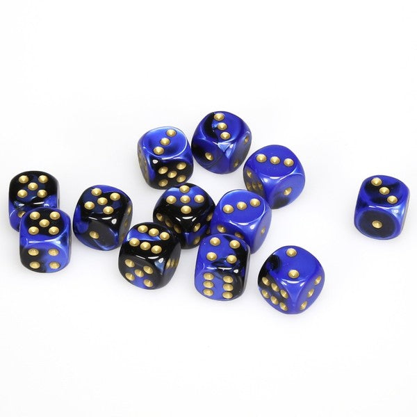 CHX26635 Gemini Black-Blue/gold 12 D6 Set | GrognardGamesBatavia