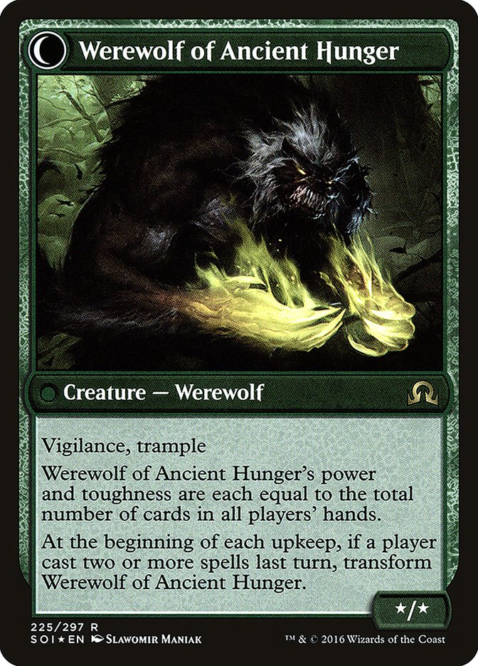 Sage of Ancient Lore // Werewolf of Ancient Hunger [Shadows over Innistrad Prerelease Promos] | GrognardGamesBatavia