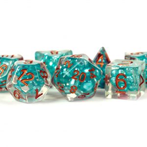 Pearl Dice Teal w/ Copper Numbers 16mm Resin Poly Dice Set | GrognardGamesBatavia