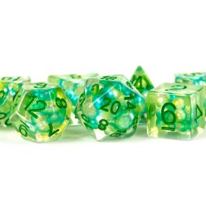 Pearl Dice Sea Foam w/ Green Numbers 16mm Resin Poly Dice Set | GrognardGamesBatavia