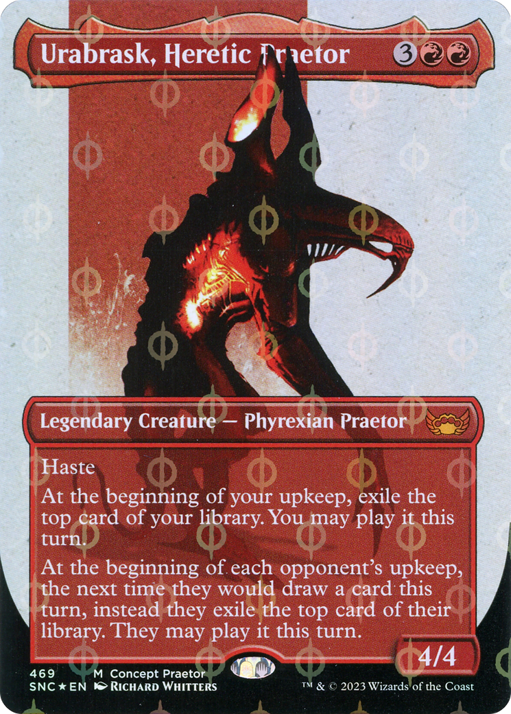 Urabrask, Heretic Praetor (Borderless Concept Praetors Step-and-Compleat Foil) [Phyrexia: All Will Be One] | GrognardGamesBatavia