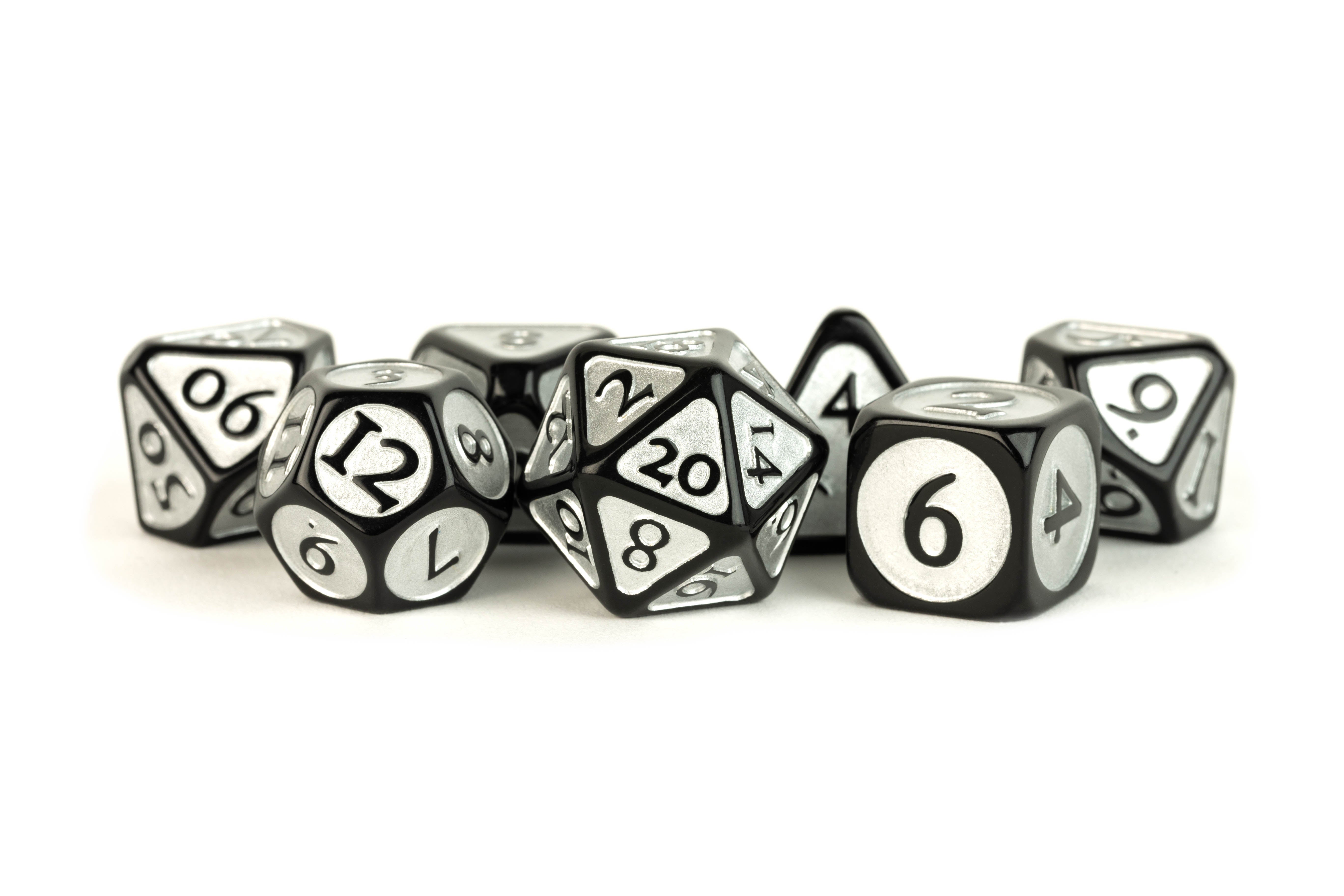 Black with Silver Enamel Acrylic 16mm Poly Dice Set | GrognardGamesBatavia