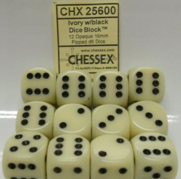 CHX25600 Opaque Ivory/Black 12 D6 Set | GrognardGamesBatavia