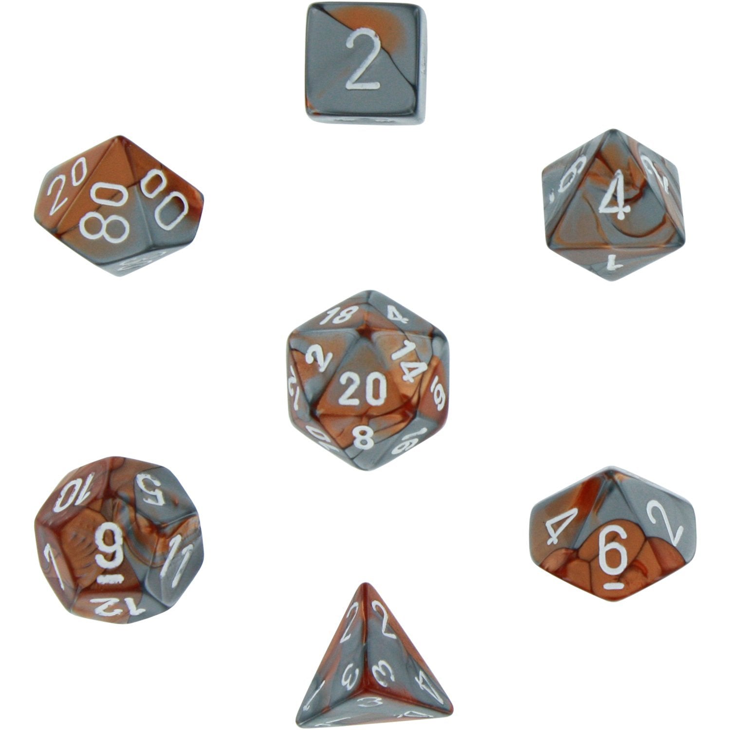 CHX26424 Gemini Copper-Steel/white 7 die set | GrognardGamesBatavia