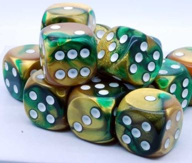 CHX26625 Gemini Gold-Green/White 12 D6 Set | GrognardGamesBatavia