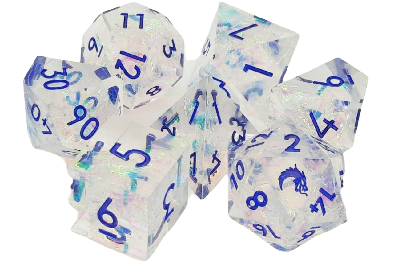 Old School 7 Piece DnD RPG Dice Set: Sharp Edged - Crystal Ice | GrognardGamesBatavia