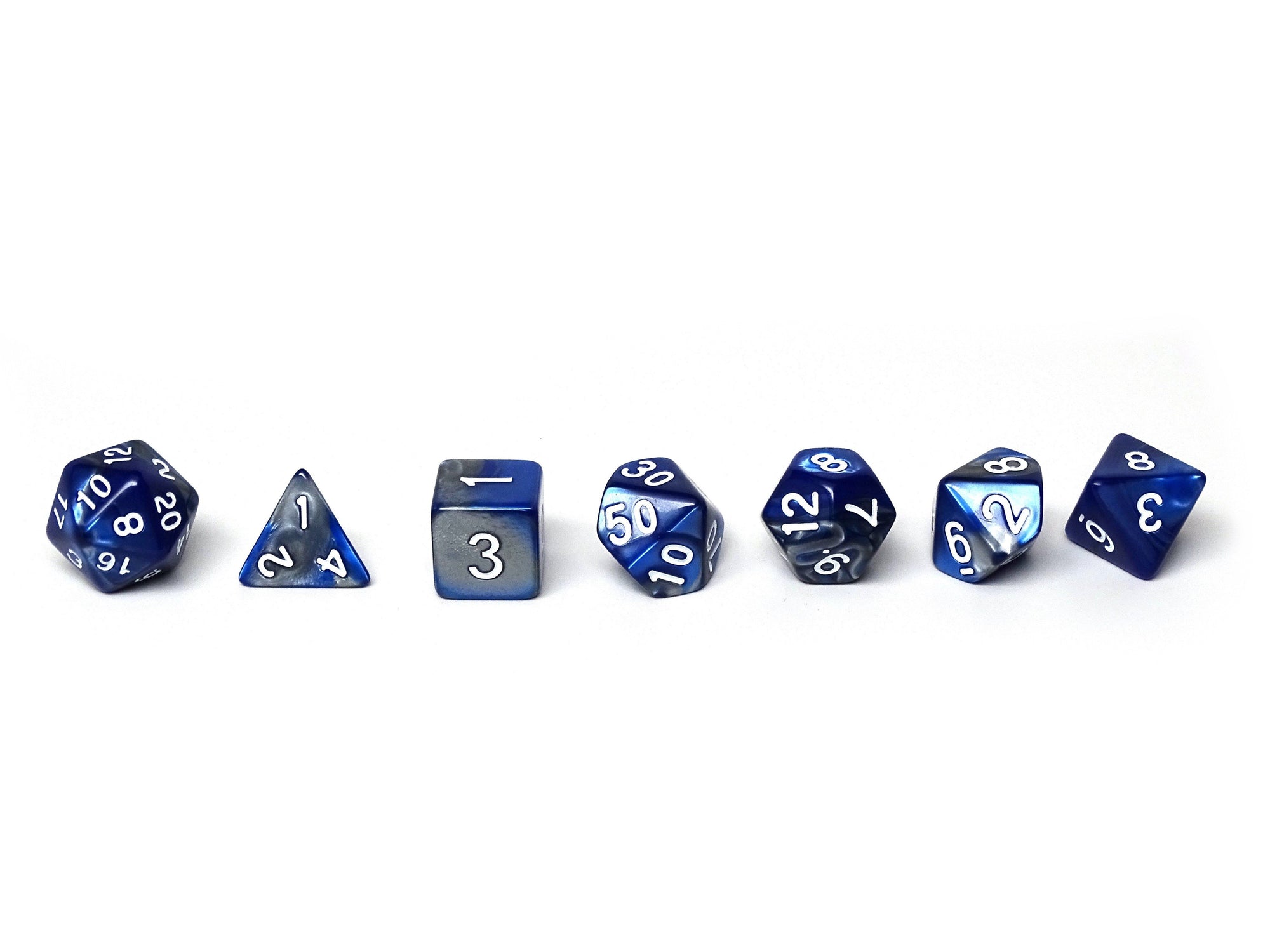 Easy Roller Dice: Blue and Silver Granite 7pc Dice Set | GrognardGamesBatavia