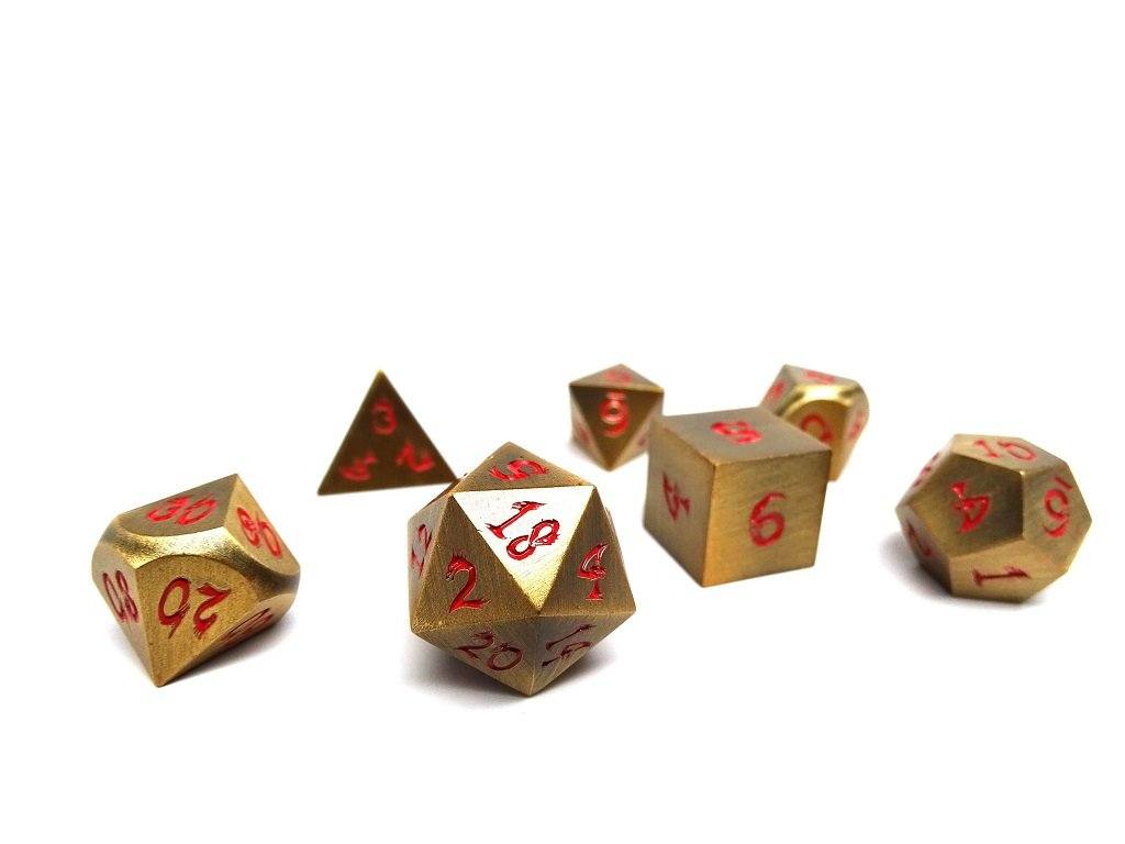 Metal Dice of Ancient Dragons- Ancient Gold- Red Font | GrognardGamesBatavia