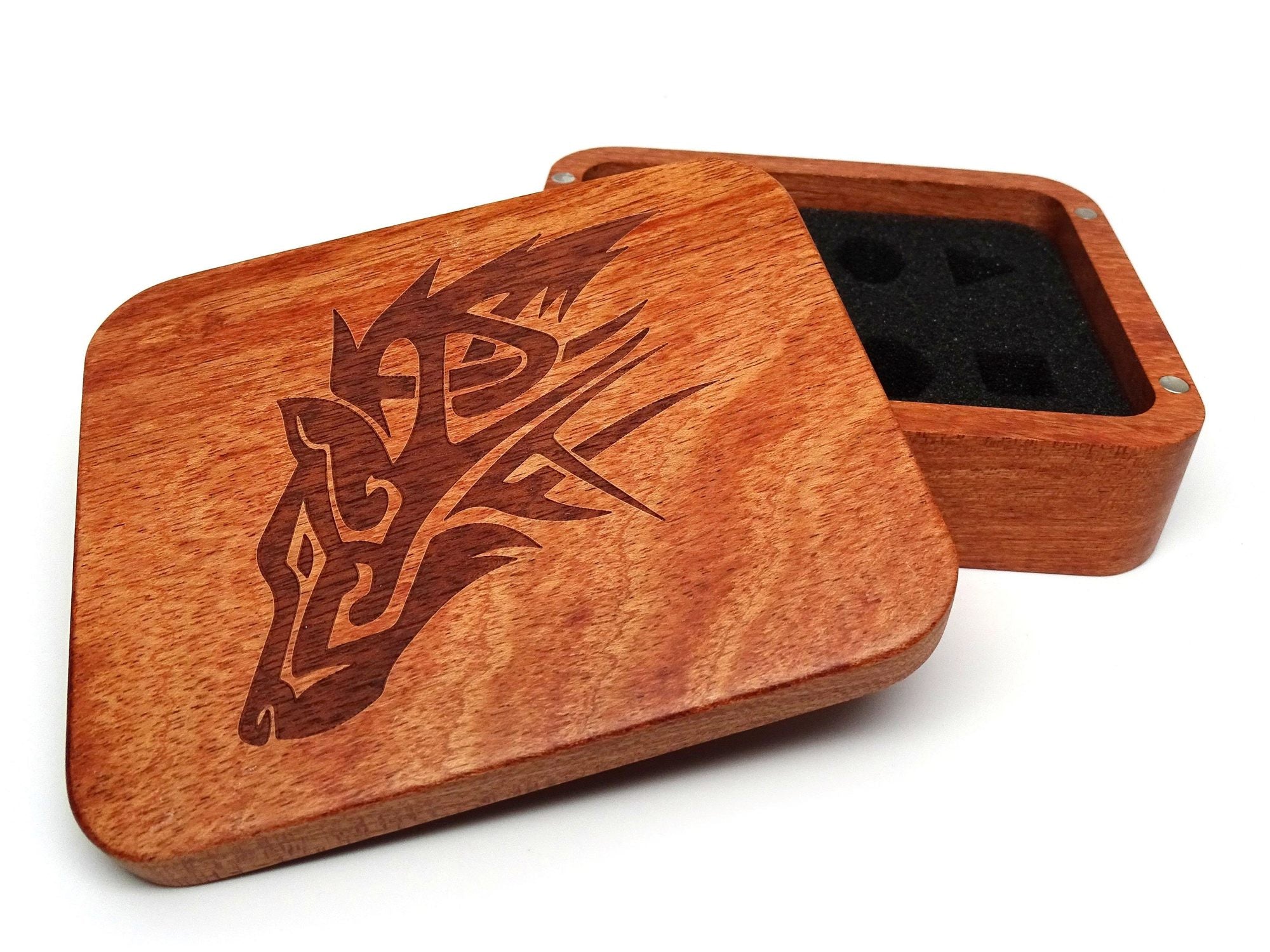 Rosewood Dice Case - Wolf Design | GrognardGamesBatavia