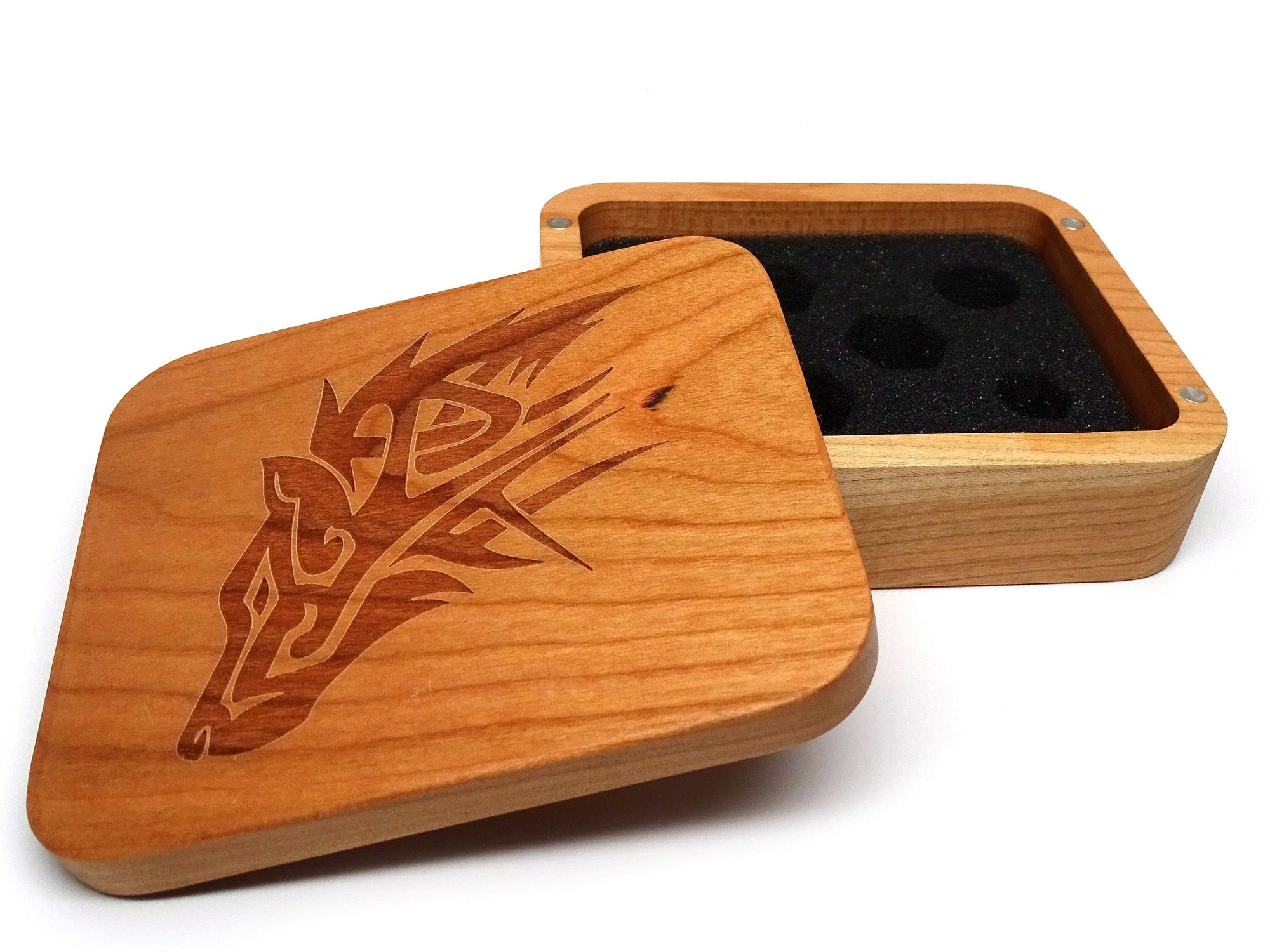 Cherry Wood Dice Case - Wolf Design | GrognardGamesBatavia