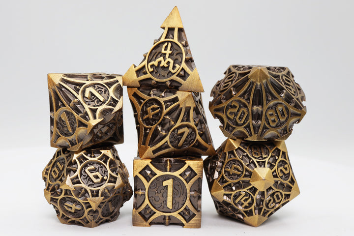 Foam Brain Games - Golden Arrow RPG Metal 7pc Dice Set | GrognardGamesBatavia