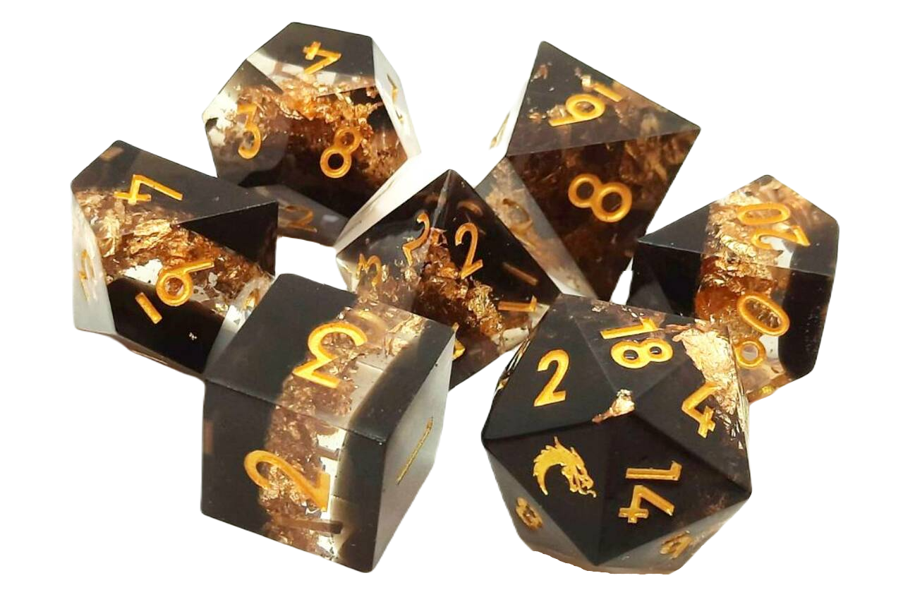 Old School 7 Piece DnD RPG Dice Set: Sharp Edged - Gold Vein | GrognardGamesBatavia