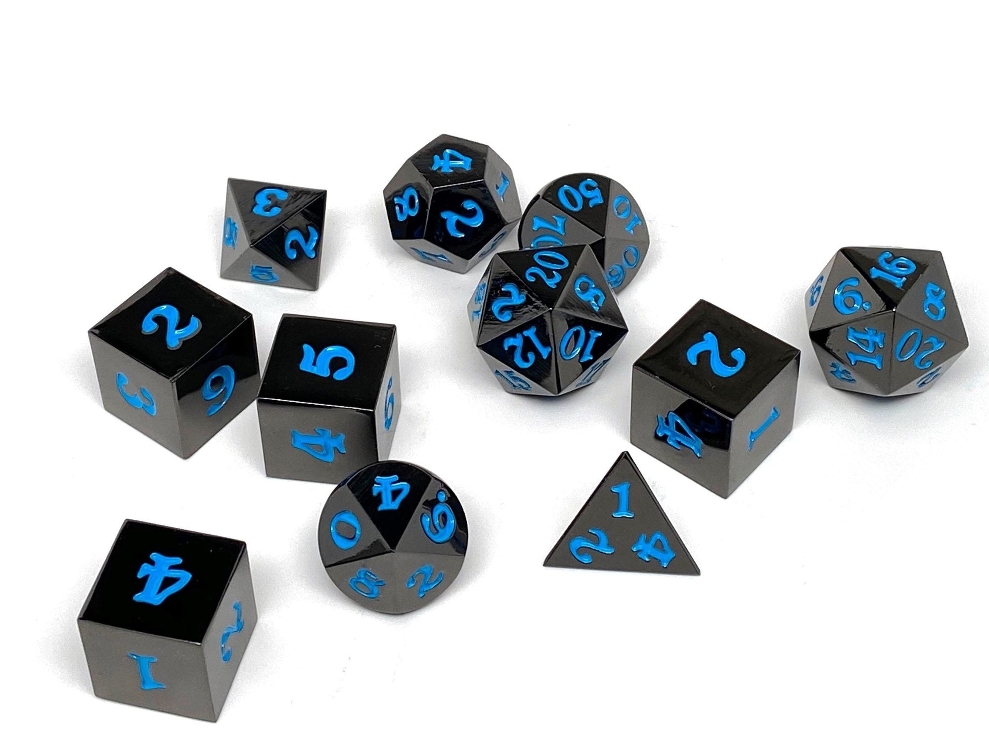 Gun Metal 7 Piece Dice Set- Signature Font-Powder Blue | GrognardGamesBatavia