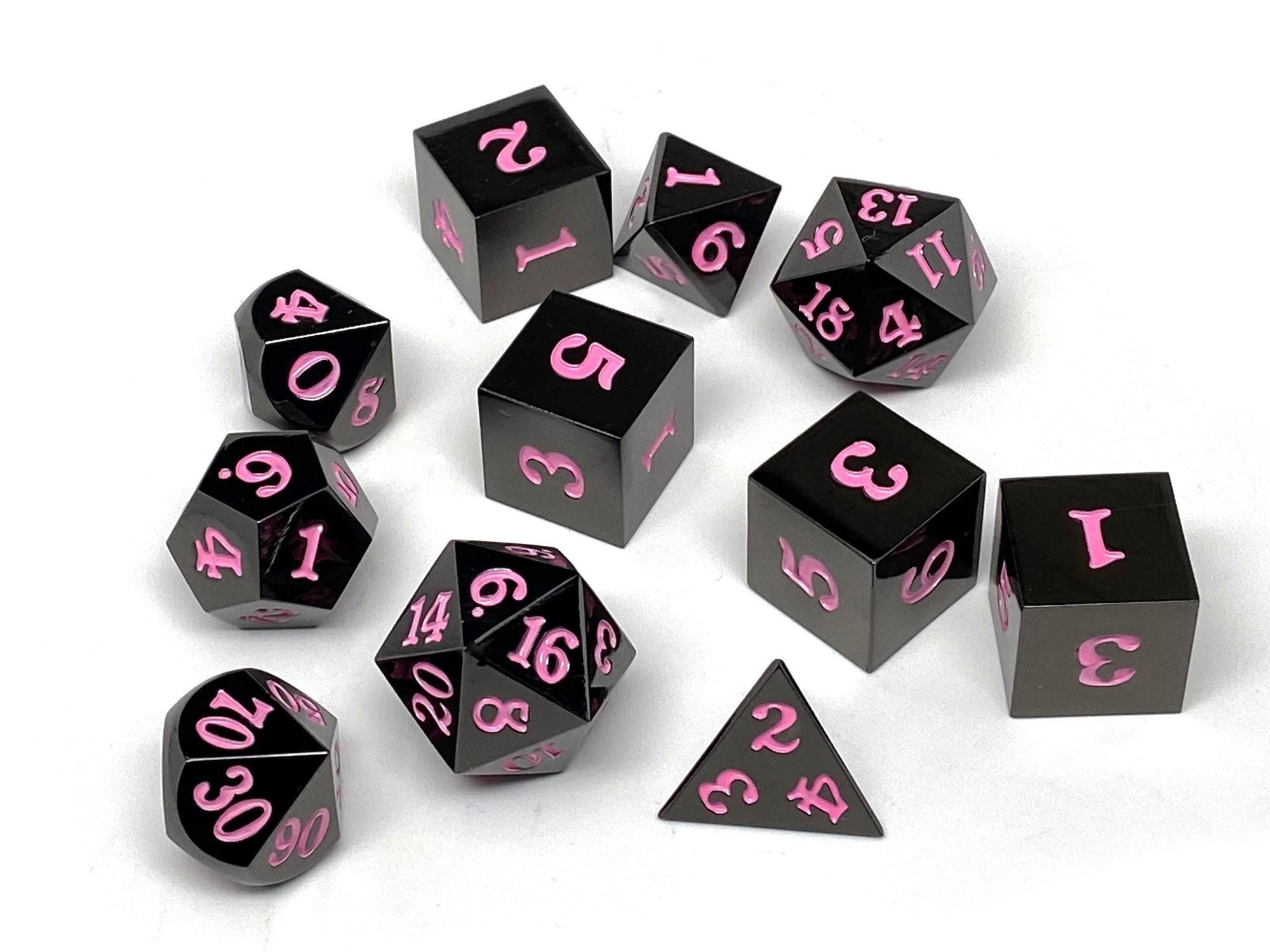 Gun Metal 11 Piece Dice Set- Signature Font-Pink | GrognardGamesBatavia