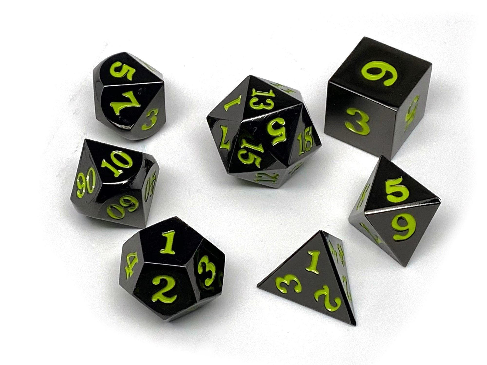 Gun Metal 7 Piece Dice Set- Signature Font-Lime | GrognardGamesBatavia