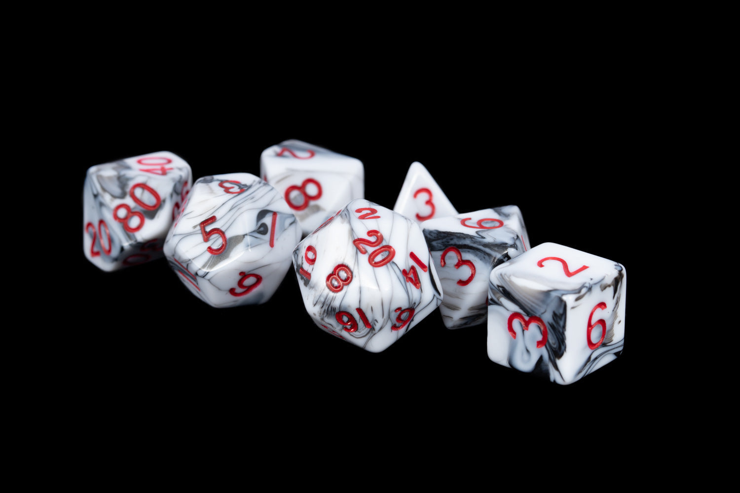 Marble with Red Numbers 16mm Poly Dice Set | GrognardGamesBatavia