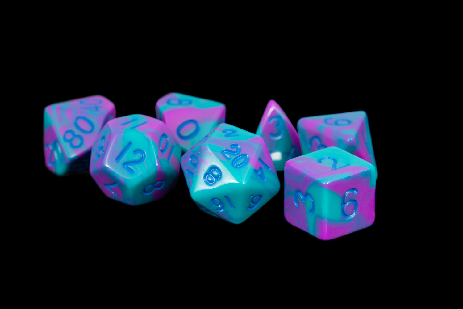 Purple/Teal with Blue Numbers 16mm Polyhedral Dice Set | GrognardGamesBatavia