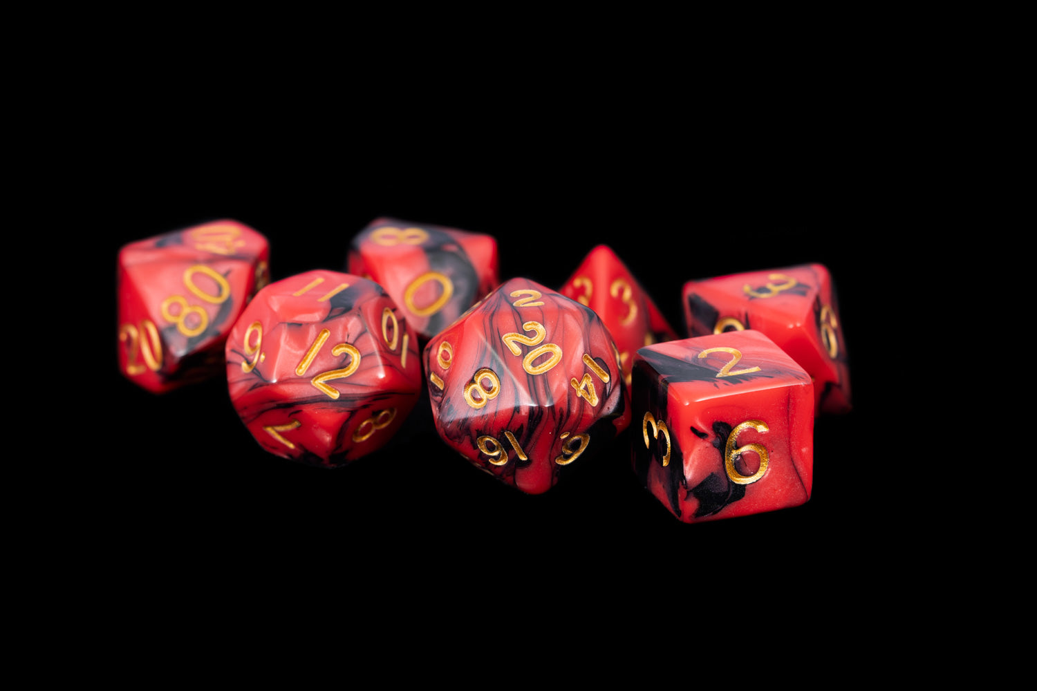 Black and Red Marble with Gold Numbers 16mm Poly Dice Set | GrognardGamesBatavia