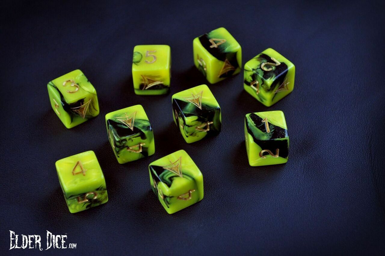 Elder Dice: Yellow Sign burnt bone/tattered yellow D6 9-die set | GrognardGamesBatavia