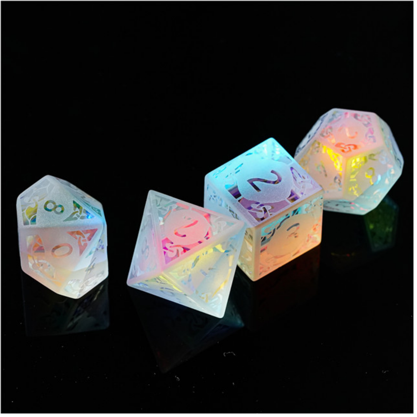 Rainbow Crystal and Flourish- Engraved Stone Dice | GrognardGamesBatavia