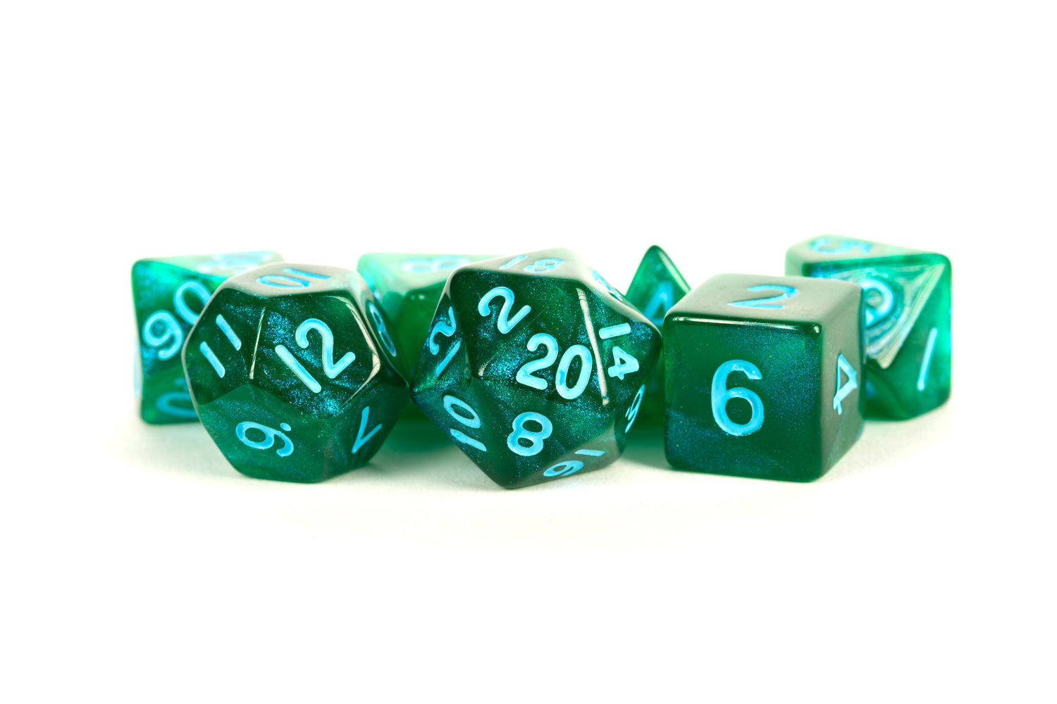 Stardust Green w/ Blue Numbers 16mm Polyhedral Dice Set | GrognardGamesBatavia