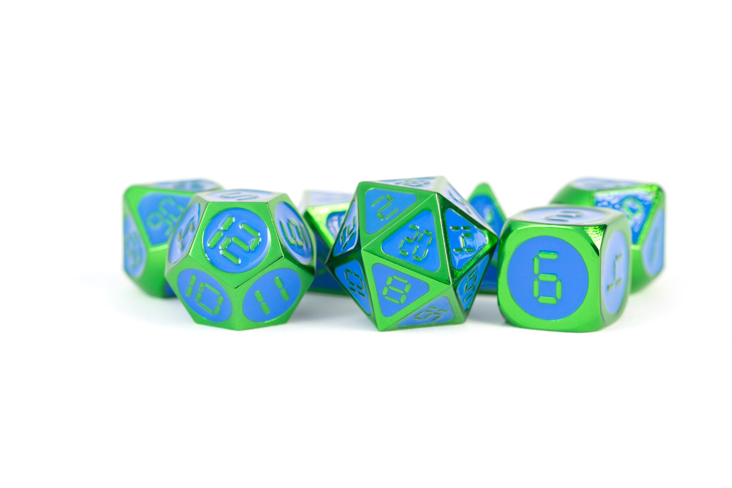 Green with Blue Enamel Digital 16mm Polyhedral Dice Set | GrognardGamesBatavia