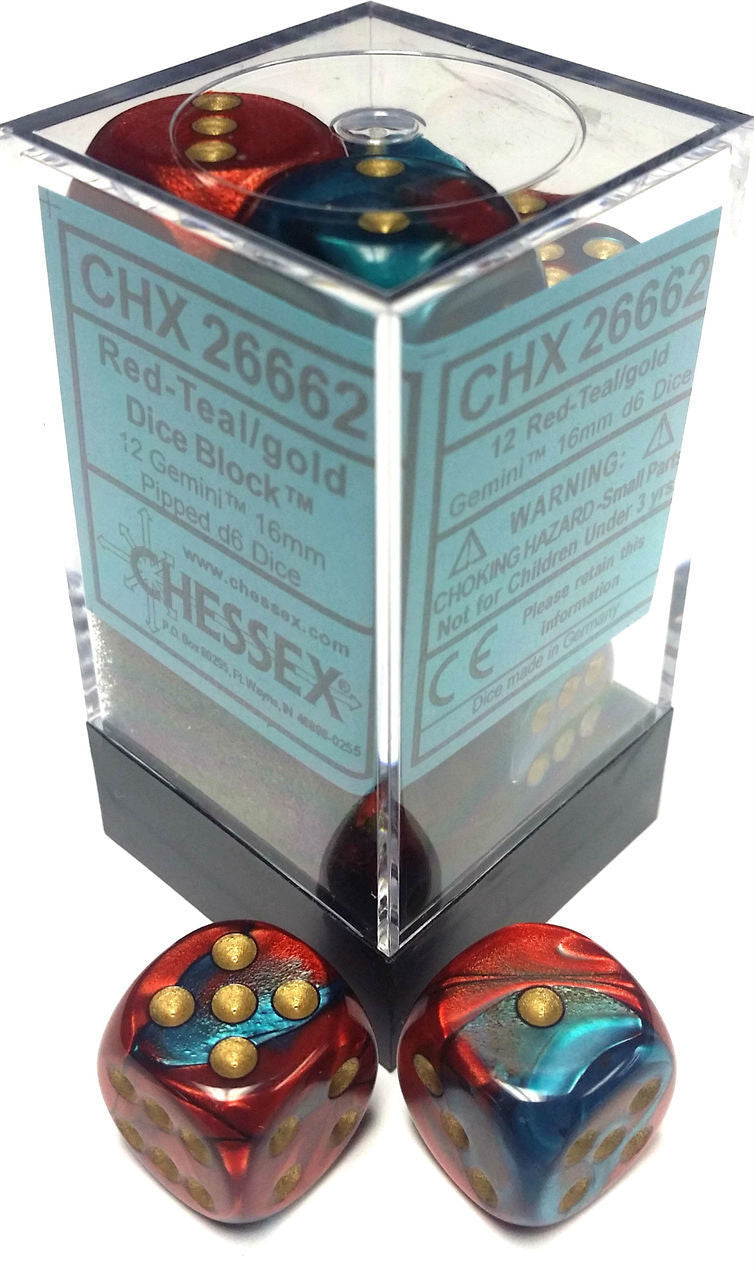 CHX26662 Gemini Red-Teal/gold 12 D6 Set | GrognardGamesBatavia