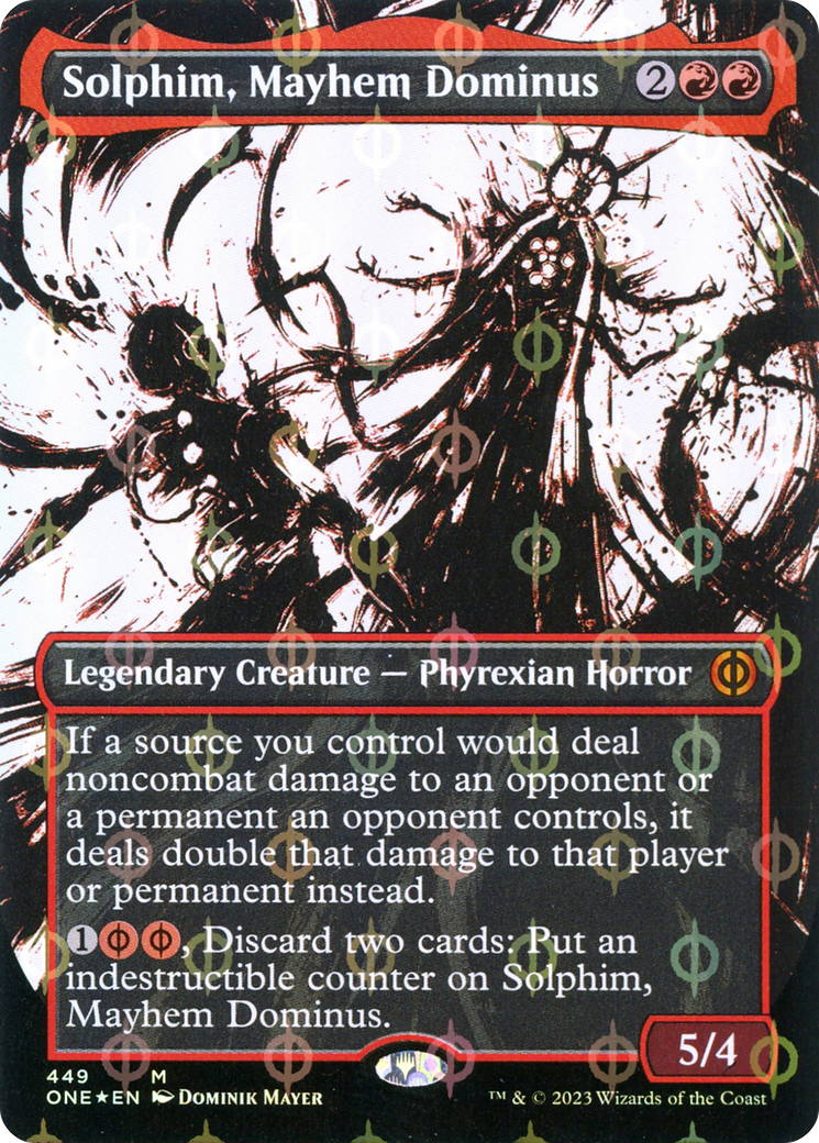 Solphim, Mayhem Dominus (Borderless Ichor Step-and-Compleat Foil) [Phyrexia: All Will Be One] | GrognardGamesBatavia