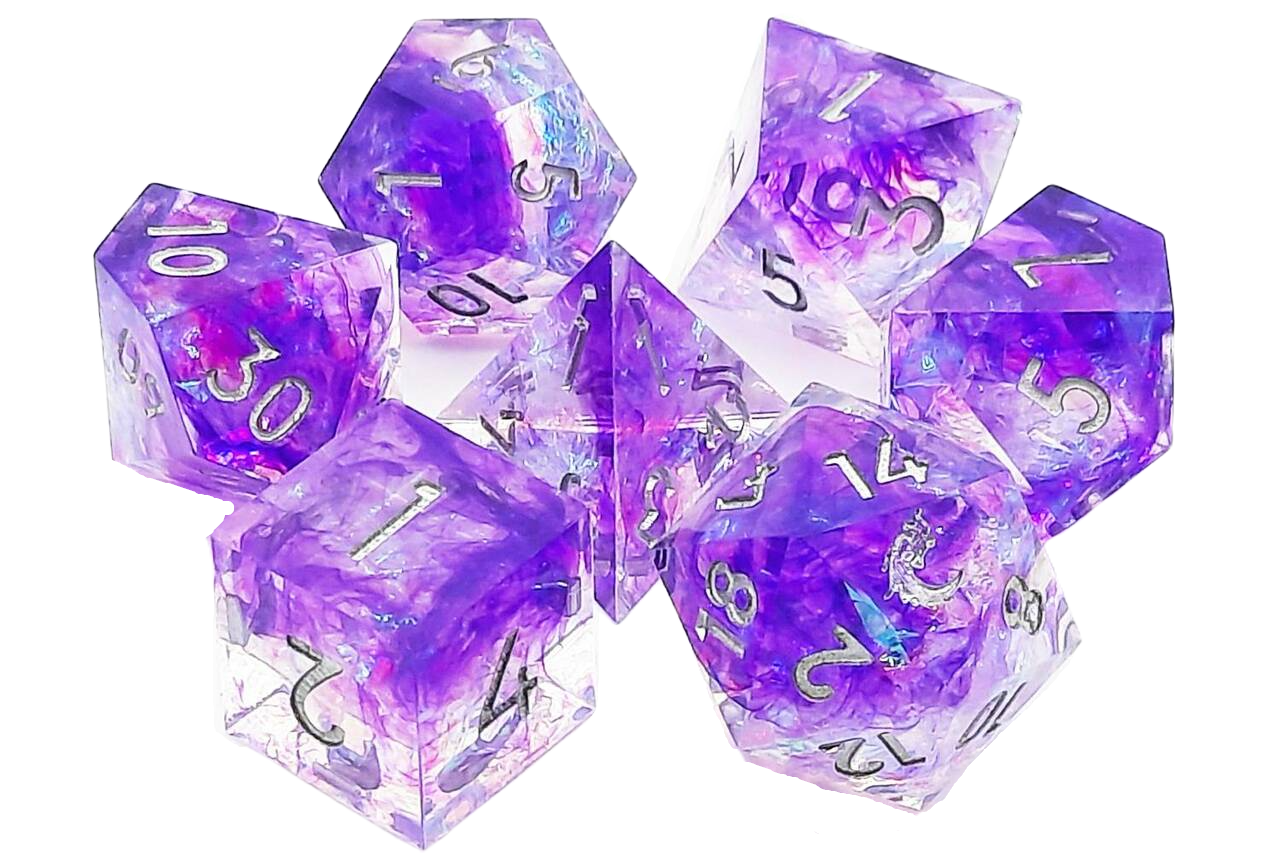 Old School 7 Piece DnD RPG Dice Set: Sharp Edged - Burst of Purple | GrognardGamesBatavia