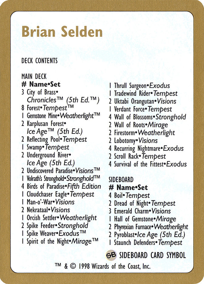 Brian Selden Decklist [World Championship Decks 1998] | GrognardGamesBatavia