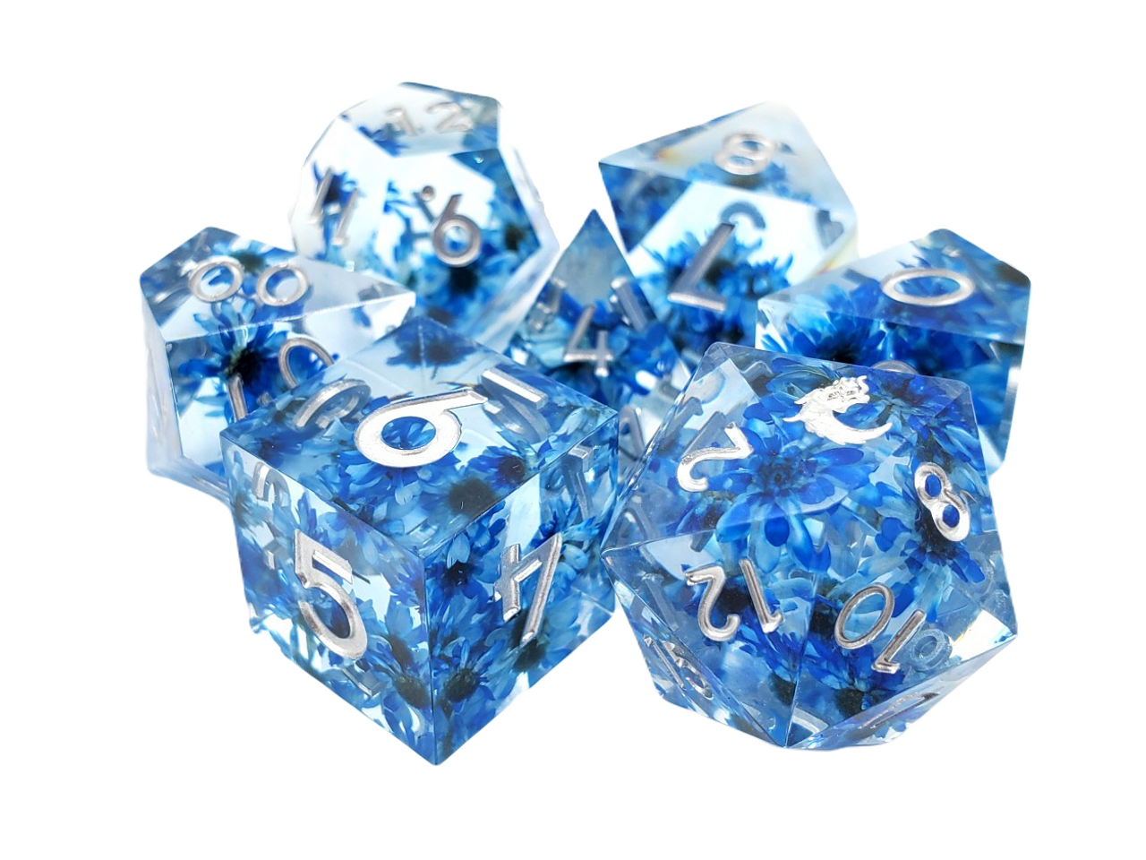 Old School 7 Piece DnD RPG Dice Set: Sharp Edged - Blue Flower | GrognardGamesBatavia