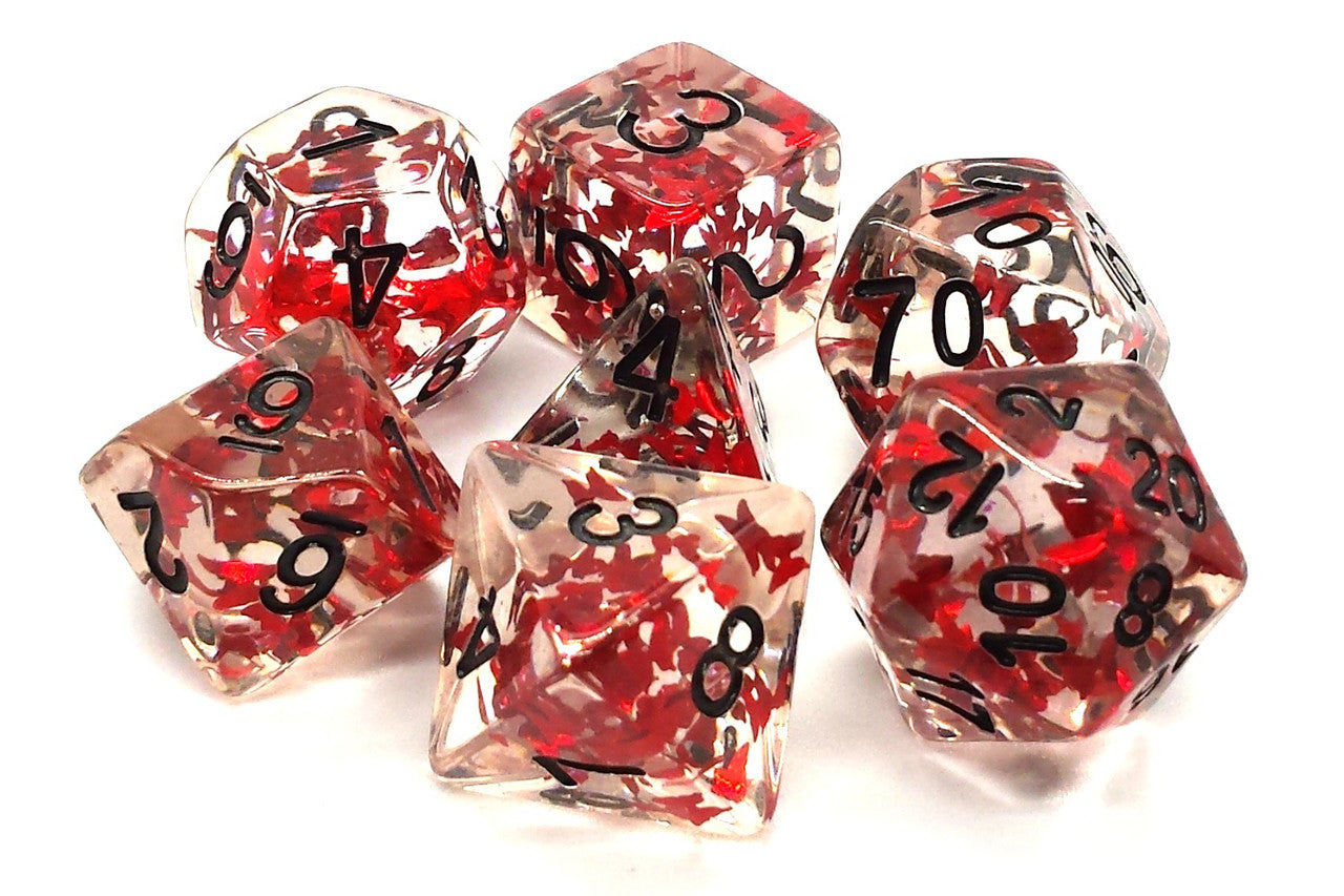 Old School 7 Piece DnD RPG Dice Set: Infused - Red Butterfly w/ Black | GrognardGamesBatavia