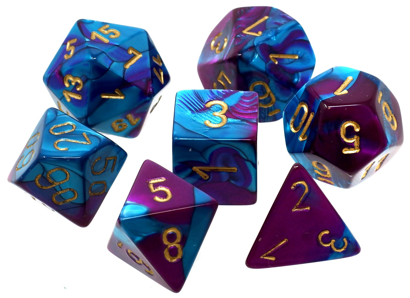 CHX26449 Gemini Purple-teal/Gold 7 die set | GrognardGamesBatavia