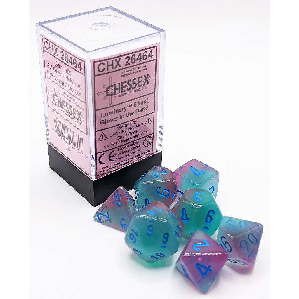 CHX26464 Polyhedral 7-Die Set: Gemini: Gel Green-Pink/Blue Luminary | GrognardGamesBatavia