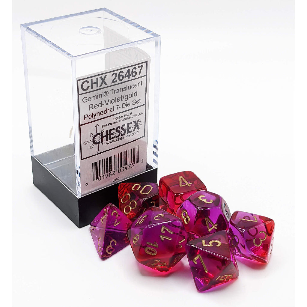 CHX26467 Polyhedral 7-Die Set: Gemini: Translucent Red-Violet/Gold | GrognardGamesBatavia