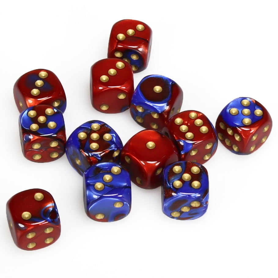 CHX26629 Gemini Blue-Red/gold 12 D6 Set | GrognardGamesBatavia