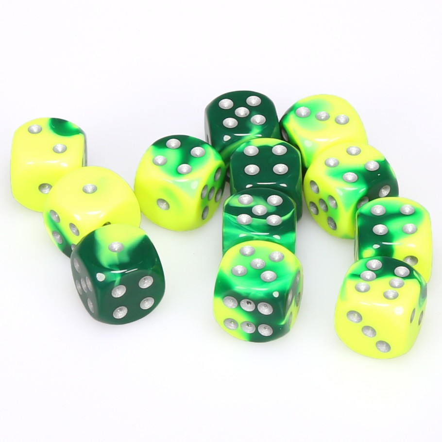 CHX26654 Gemini Green-Yellow/Silver 12 D6 Set | GrognardGamesBatavia